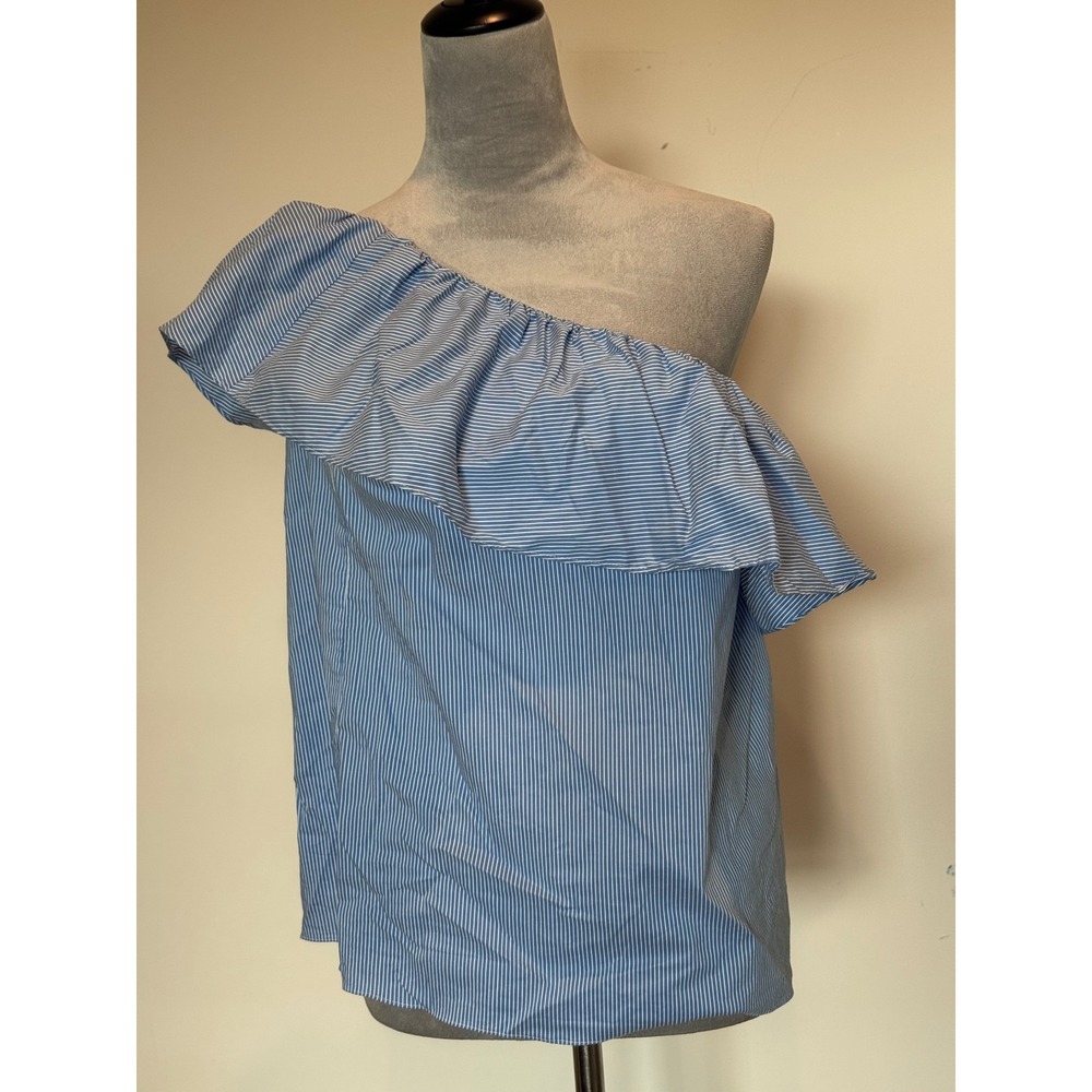 1.STATE Women Blue White Striped One Shoulder Ruffle Blouse Top Small